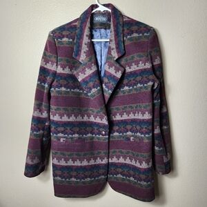 Vintage Braetan Womens Southwestern Aztec Wool Blend One Button Blazer-Size L